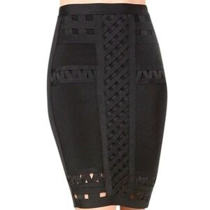 Bebe Black Stretch Lattice Bandage‎ Skirt High Rise Mini Medium